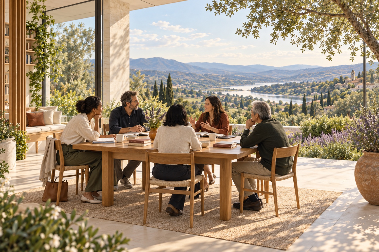 Five people sharing books and conversation around an oak table in an imagined modern pavilion overlooking a garden and river.